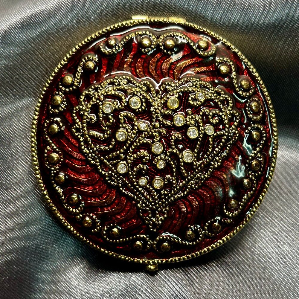 Vintage Monet Guilloché Goldtone Sparkled Red Enamel Heart Double Mirror Compact
